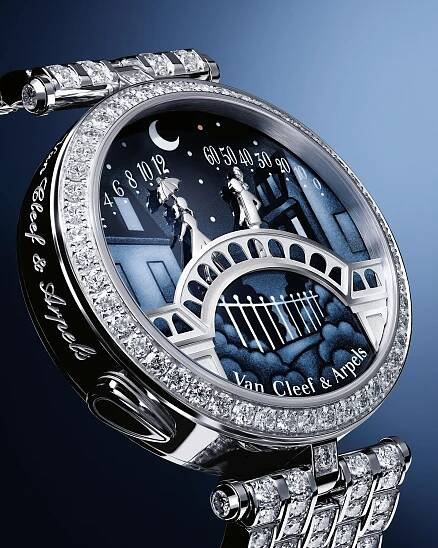 Lady Arpels Pont des Amoureux watch. Rhodium plated 18K white gold, diamonds, enamel, self-winding mechanical movement, retrograde and on-demand animation. Poetic Complications® collection, Van Cleef & Arpels.