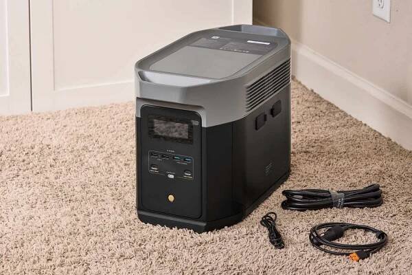 The EcoFlow Delta 2 Max Portable Generator with cables on a carpet
