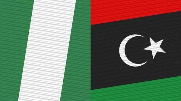 Libye a Nigérie dvě poloviční vlajky dohromady textilní textura ilustrace — Stock obrázek