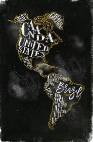 Vintage mapa Ameriky s země nápis Spojené státy, Kanadu, Mexiko, Brazílie, peru, argentina, kreslení křídou a žluté na tabuli pozadí — Ilustrace