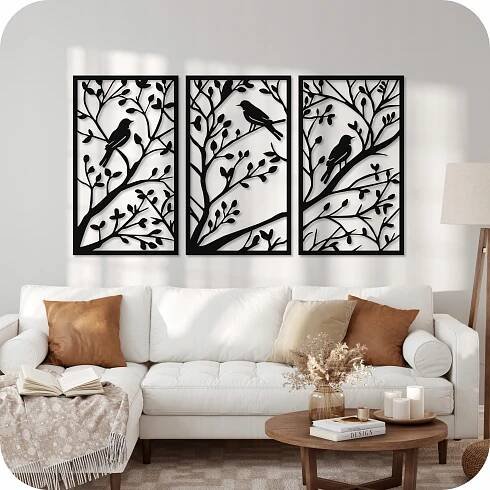 Ažurový 3D obraz TRIPTYK 100x51 cm Dekorace Obrazy na zeď DŘEVO PTÁCI Výška výrobku 51 cm