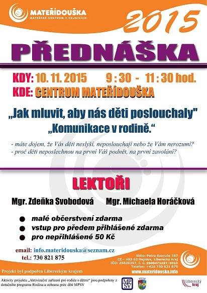 Mateřské centrum Mateřídouška Hejnice - akce v listopadu 2015 - Oficiální stránky obce Bílý Potok