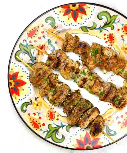 Three pork souvlaki skewers on the Gypsy Plate.