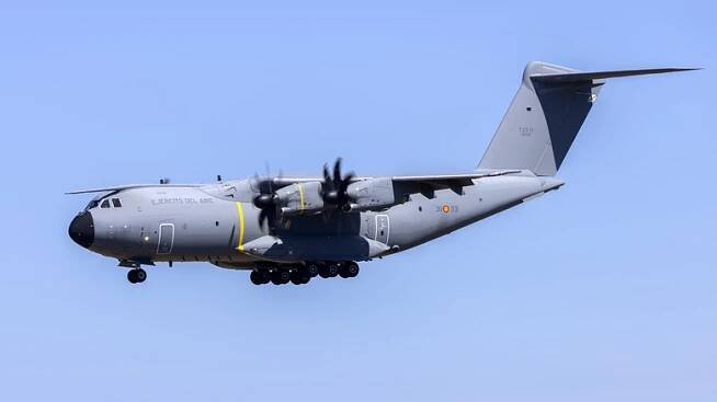 A Spanish Air Force Airbus A400M Atlas military cargo plane flying in clear skies