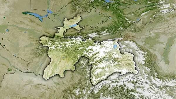 Tádžikistán na mapě satelitu B ve stereografické projekci - hrubé složení rastrových vrstev s temně zářícím obrysem — Stock obrázek