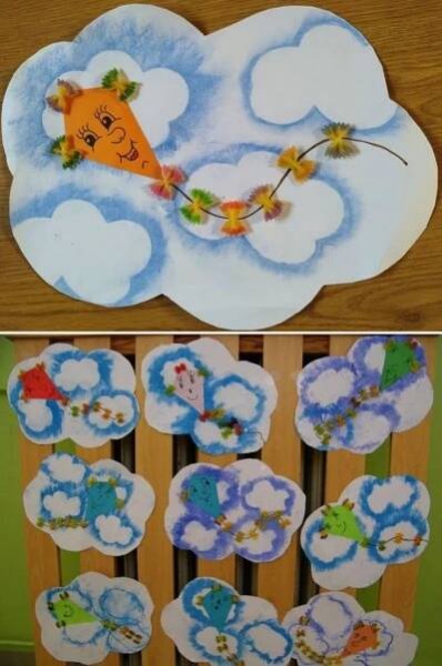 two pictures with clouds and flowers on them, one is made out of paper plates