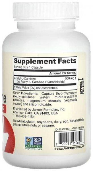Jarrow Formulas, Veganský acetyl L-karnitin, 500 mg, 120 rostlinných kapslí 