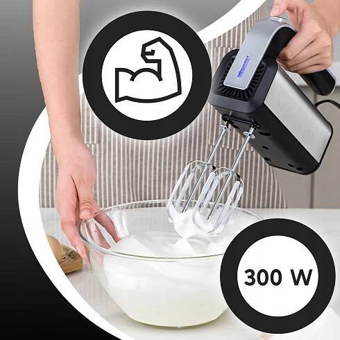 RUČNÍ MIXÉR KUCHYŇSKÝ ROBOT 300 W TURBO ŠLEHACÍ METLY, HÁKY 5 RYCHLOSTÍ, STŘÍBRNÝ Stav balení originální