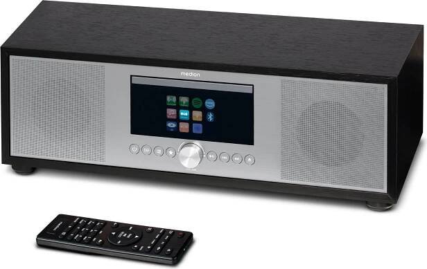 MEDION P66400 Stereo systém (internetové rádio, DAB+, CD/MP3 přehrávač, Spotify Connect, Amazon Music, PLL FM rádio, USB, AUX, kompaktní systém, funkce budíku se subwooferem, automatický časovač spánku) Stříbrný