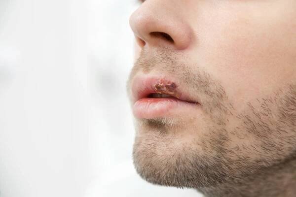 Mladý muž trpí herpes na ústa — Stock obrázek