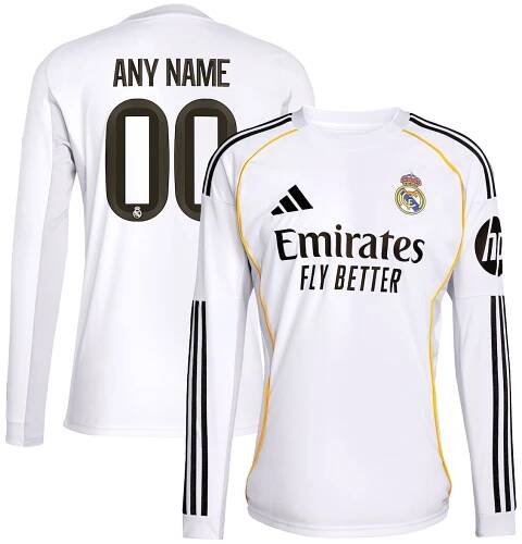 Real Madrid adidas 2025/26 Home Replica Long Sleeve Custom Jersey - White