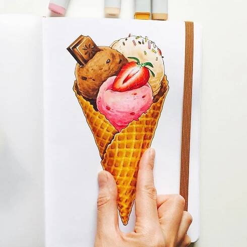 a drawing of an ice cream cone with strawberries and a teddy bear on top