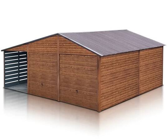 Dvojgaráž plechová, 6 x 5,5 m, s přístřeškem 3 m - LiderStal