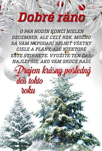 a christmas card with the words dobre rano in red and white, surrounded by snow - covered trees