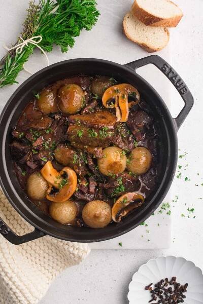 beef bourguignon in cast iron pan