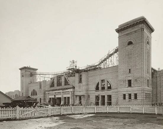 October 13, 1921 – The south façade of the Coliseum during construction. Today, the south entrance is accessed from the interior through Heritage Court