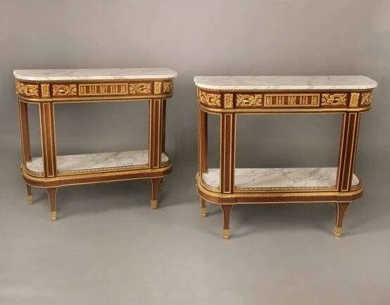 A Rare Pair of Mid 19th Century Gilt Bronze Mounted Louis XVI Style Console / Dessert Tables Attributed to Winckelsen