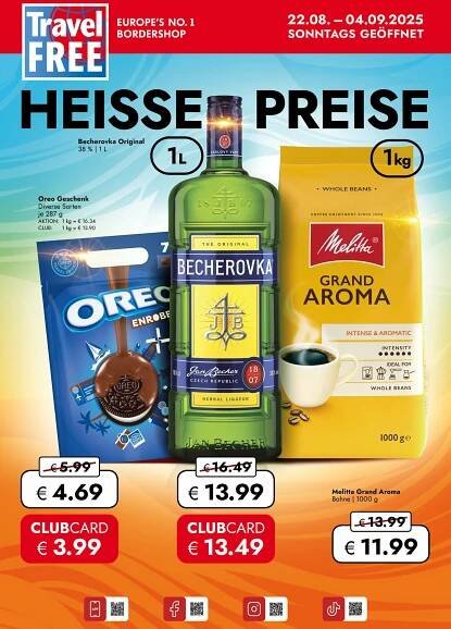 Travel Free leták od 22.08.2025 | Strana: 1 | Produkty: Becherovka, Oreo