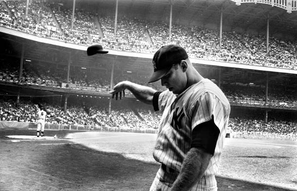 Mickey Mantle tossed his helmet in disgust after a terrible at-bat, New York, 1965.