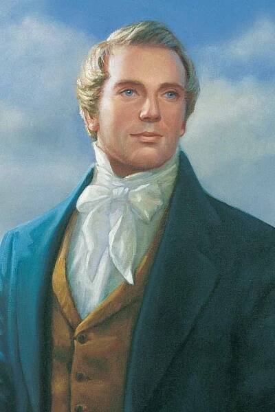 Portrait of Joseph Smith Jr. standing and holding a copy of the Book of Mormon.