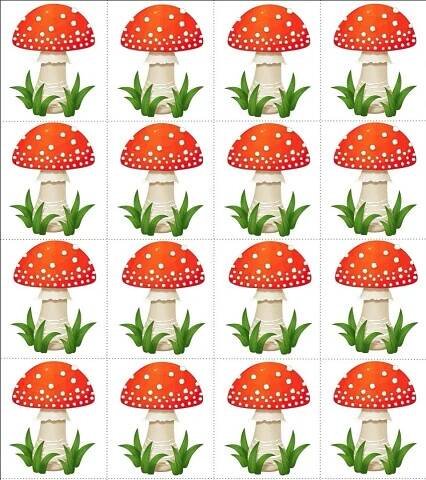 a group of red mushrooms with white dots and green leaves on the top, surrounded by smaller