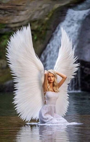 An angelic figure stands in the light of palm trees.