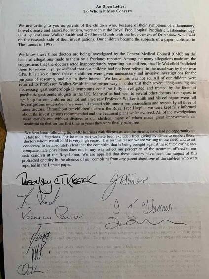 Letter in support of Dr Andrew Wakefield