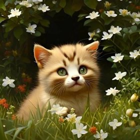Bezplatný obrázek: Roztomilé kotě prozkoumávající bílou květinovou zahradu umělecká ilustrace