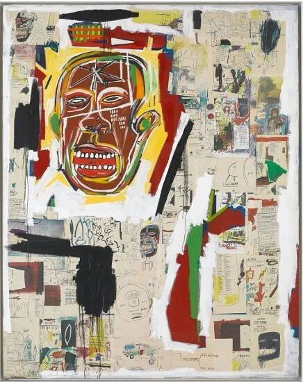 Jean-Michel Basquiat, Paper collage on canvas with oil paint. Abstract face with teeth exposed in red yellow green + black