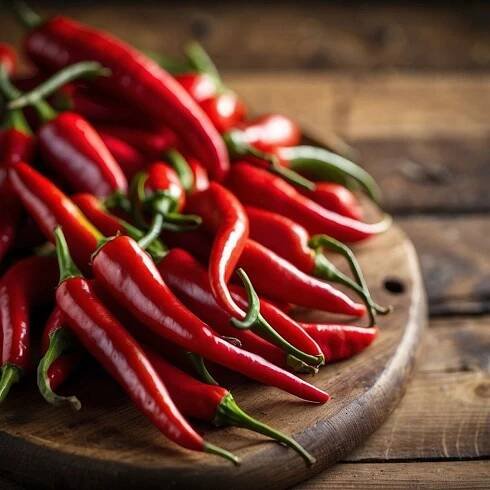 A pile of cayenne peppers on a wooden cutting board.