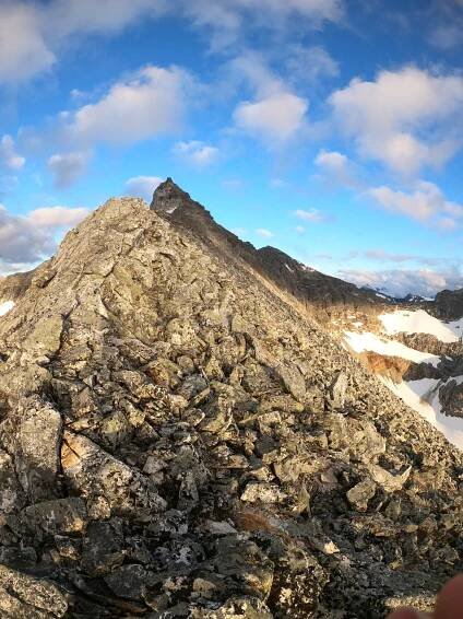 After the steep ascent, it's time to hike along the ridge of Mount Hamperokken. Afar you can see the summit © Kristin Harila