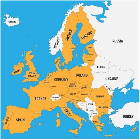 politická mapa evropy s bílou půdou a žlutou zvýrazněnou 28 evropskou unií, eu, členskými státy. jednoduchá plochá vektorová ilustrace - brexit stock ilustrace