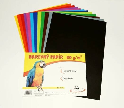 Papír barevný 80g, A3 MIX barev, 60 listů, 12 barev (190502) - Papír kancelářský | 