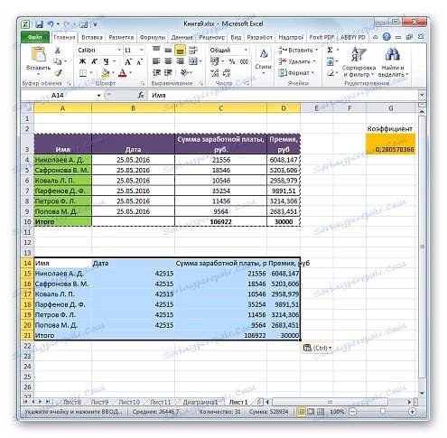 Tabulka vložená v aplikaci Microsoft Excel
