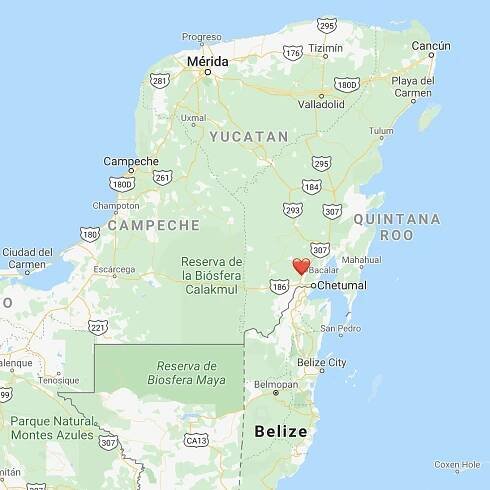 A map of the Yucatan Peninsula with Bacalar marked with a red heart