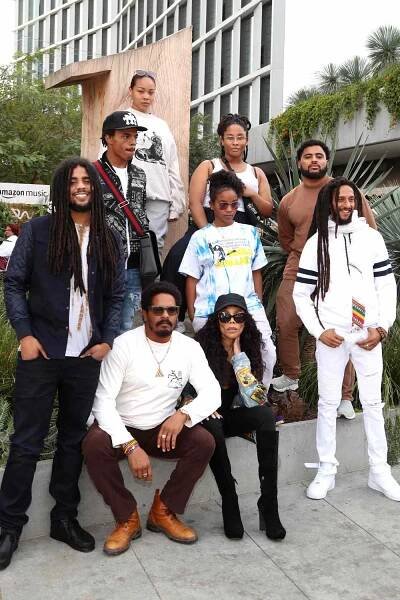 Skip, Joshua, Mystic, Zuri, Nico, Rohan, Cedella, Shacia and Julian Marley pose for a photo on January 24, 2020 in West Hollywood, California.