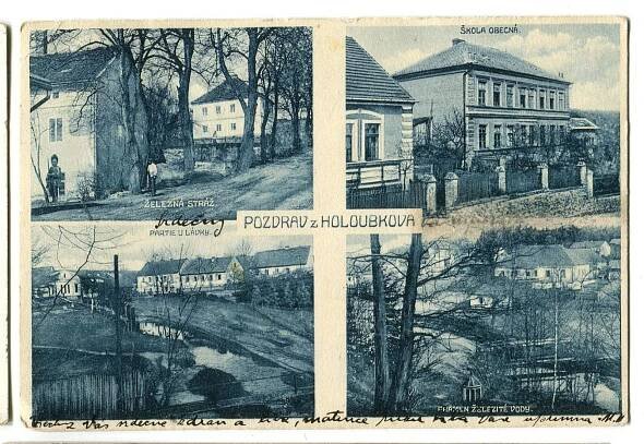 Holoubkov, Rokycany, škola, pramen, socha vojáka - Pohlednice místopis