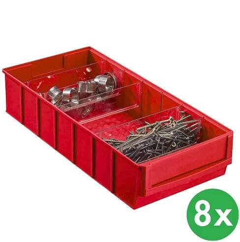 Plastový regálový box ShelfBox typ E - 183 x 400 x 81 mm, 8 ks, červený