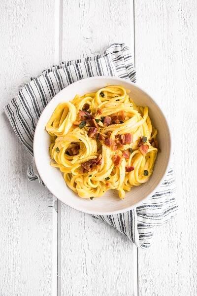 Perfectly luscious and delicious dairy-free Squash Carbonara. 