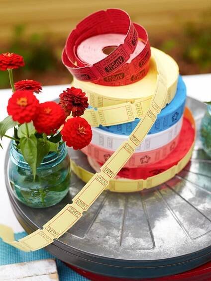 backyard movie night colorful ticket spools centerpiece