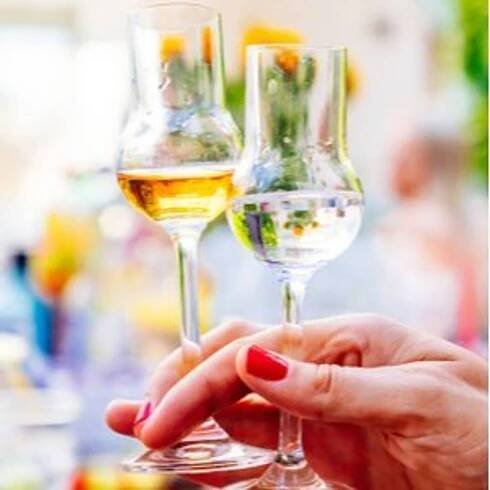 klarer und bernsteinfarbener Grappa in Gläsern, die von Frau gehalten werden