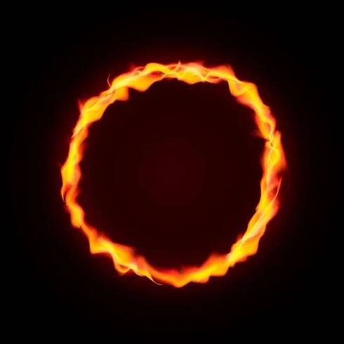 Feuerkreisrahmen isoliert auf dunklem Hintergrund. Feuerring. magischer goldener Kreis mit Kopierraum. runde Leuchtreklame. einfach zu bearbeitende Vektorvorlage für Ihre Designs.-Illustration