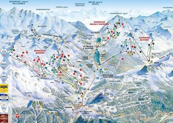 Nauders - lyžařská mapa, skimapa sjezdovek a lanovek, zimní panorama ski areálu