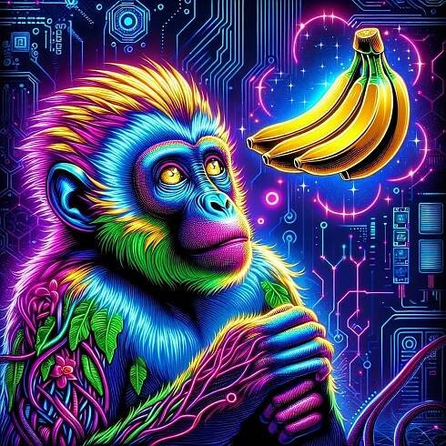 A vibrant, neon-colored monkey surrounded by circuit patterns gazes longingly at a glowing bunch of bananas floating in a futuristic, digital environment. (Captioned by AI)