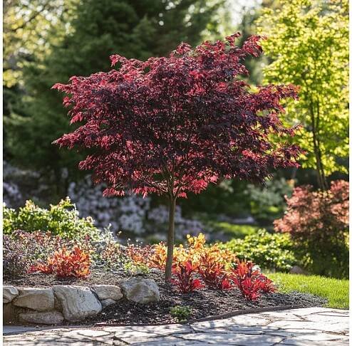 Javor (Acer platanoides ‘Crimson Sentry’) s kmínkem 120 cm je atraktivní okrasný strom, u něhož je koruna naroubována na kmen vysoký zhruba 120 cm.