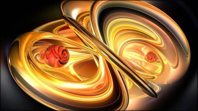 3D red abstraction with gold rings 3840