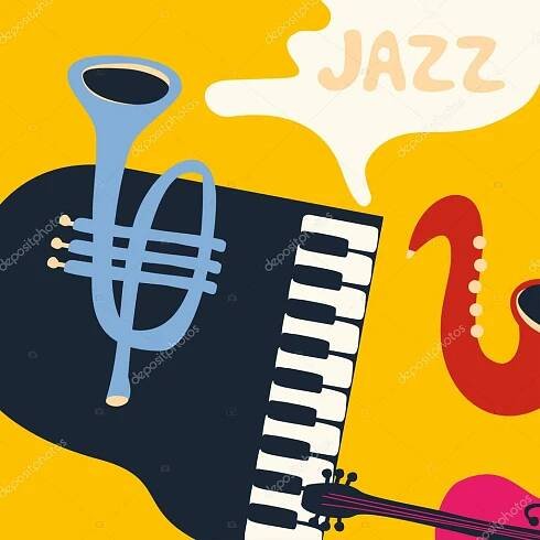 Plakát festivalu jazzové hudby s hudební nástroje na barevné pozadí — Ilustrace