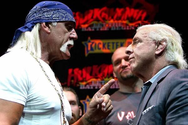 Hulk Hogan and Ric Flair become involved in an altercation during a press conference for 'Hulkamania - Let The Battle Begin' at Star City on November 18, 2009 in Sydney, Australia