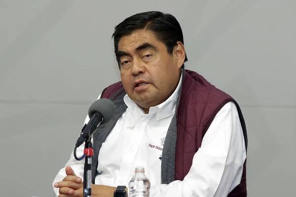 The Governor of the state of Puebla, Luis Miguel Barbosa, speaks during a press conference in the city of Puebla, Mexico.