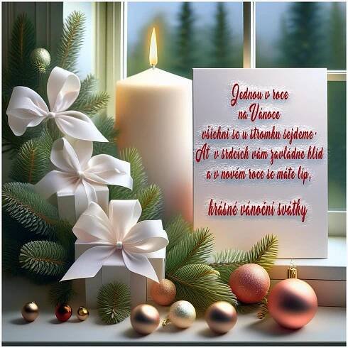 a candle and some christmas decorations on a window sill with a card in the background